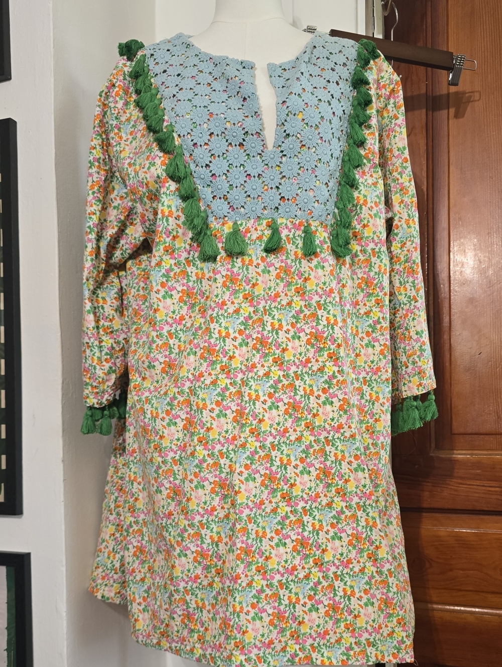 Elizabrleth Wilson 3x Tunic Dress with Light Blue Crochet Yoke and Green Tassels